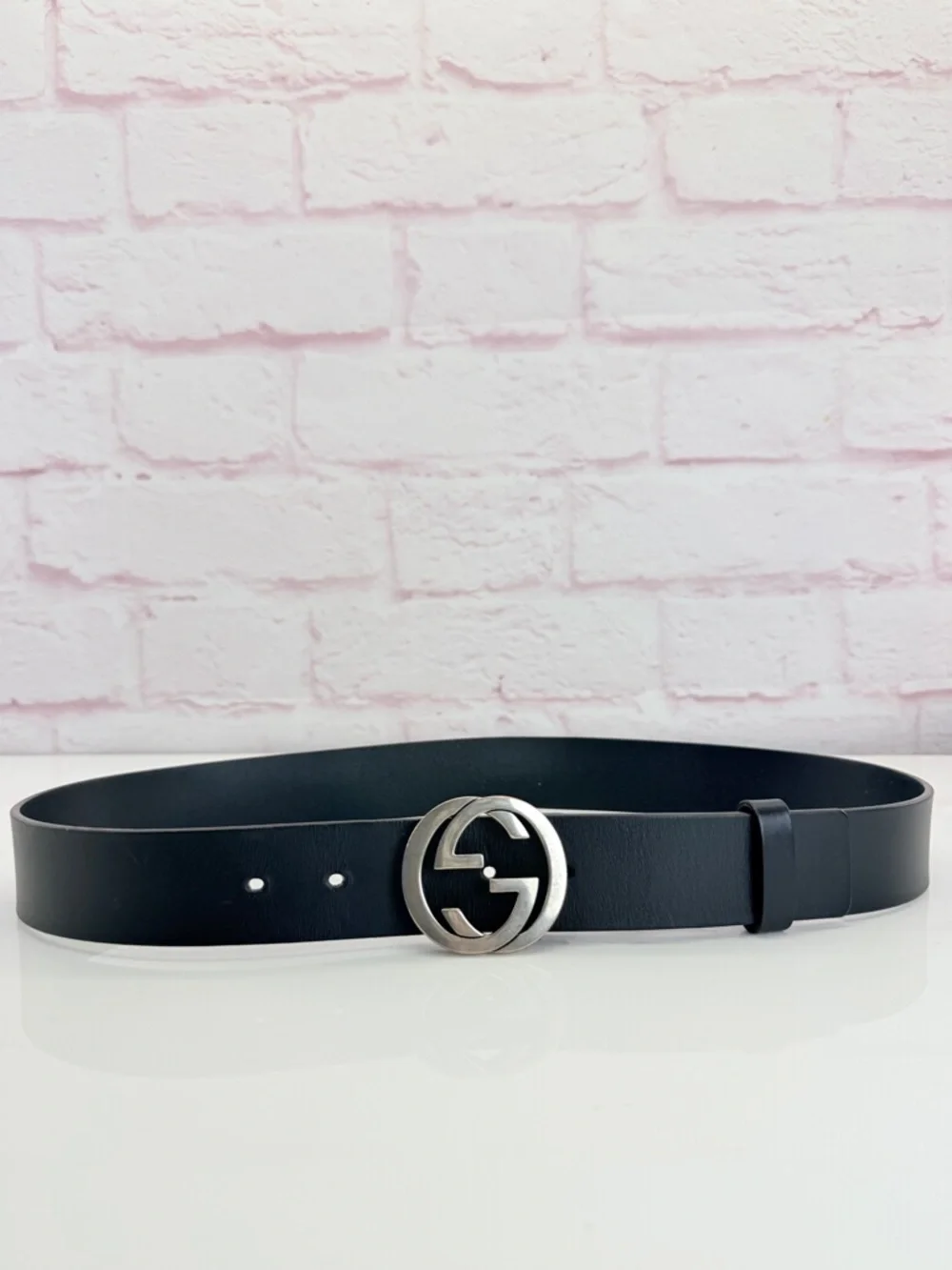 Gucci Black Leather Interlocking Gg Belt with Silver Double G Logo 546389 85/34